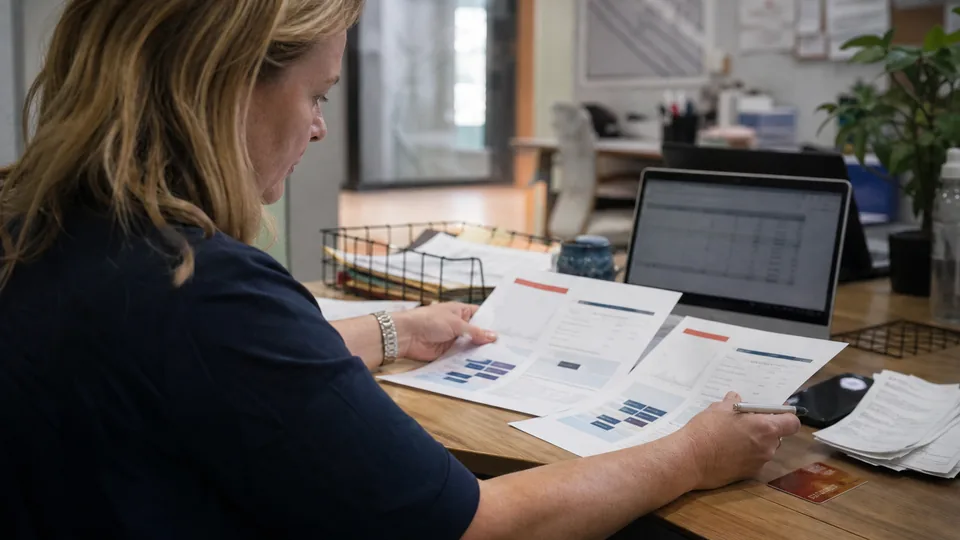 Controller comparing two expense software renewal quotes beside a per-user cost spreadsheet
