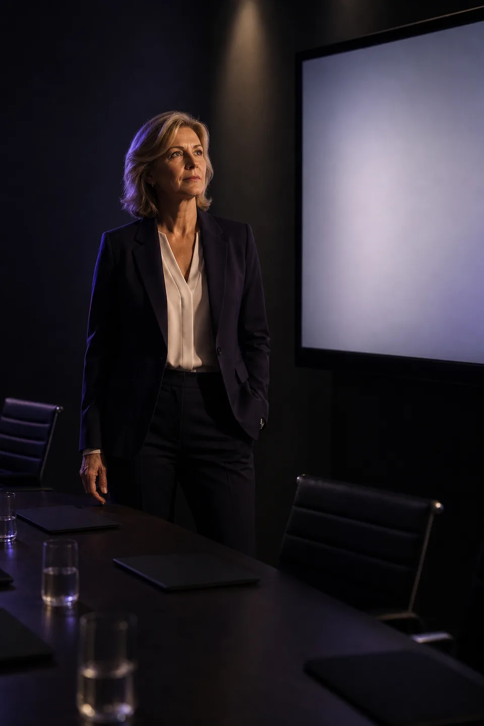 CFO in a dark boardroom beside a monthly spend chart