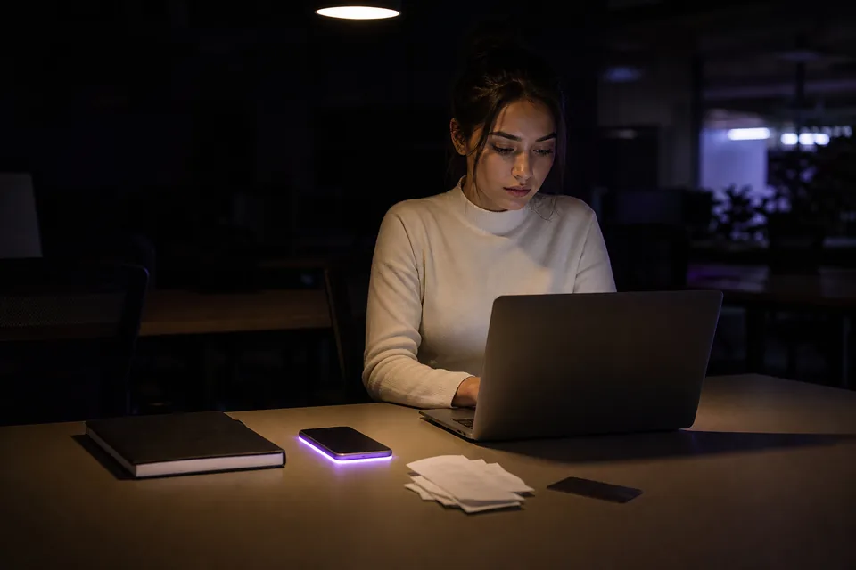 Finance desk at night under a single spotlight with a phone, corporate card and receipts