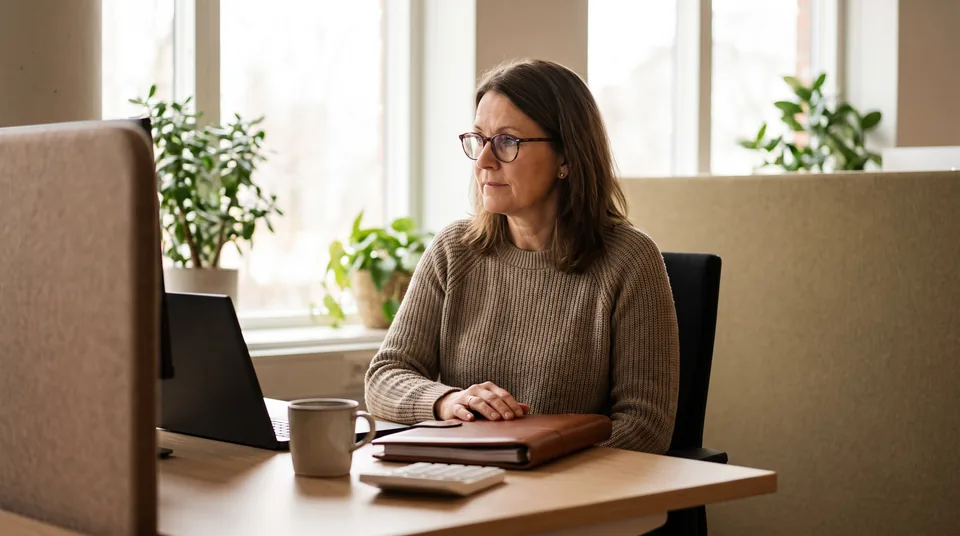 Controller weighing a procurement software upgrade against the department budget at her desk