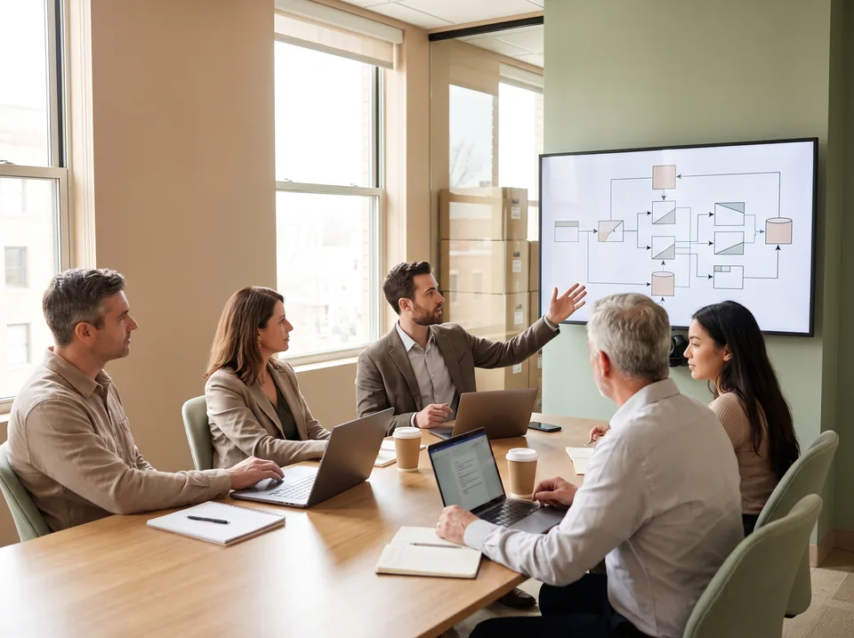 Operations team walking through a purchase request workflow on a large screen during software onboarding