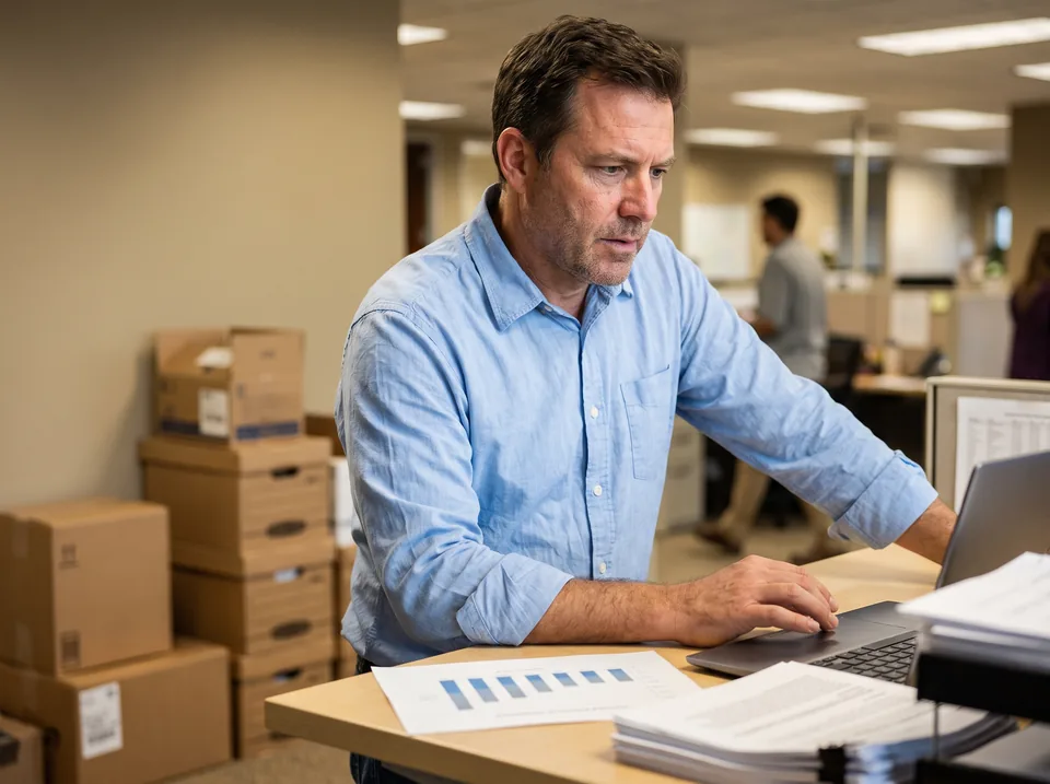 Procurement manager reviewing a purchase request against a department budget on a laptop